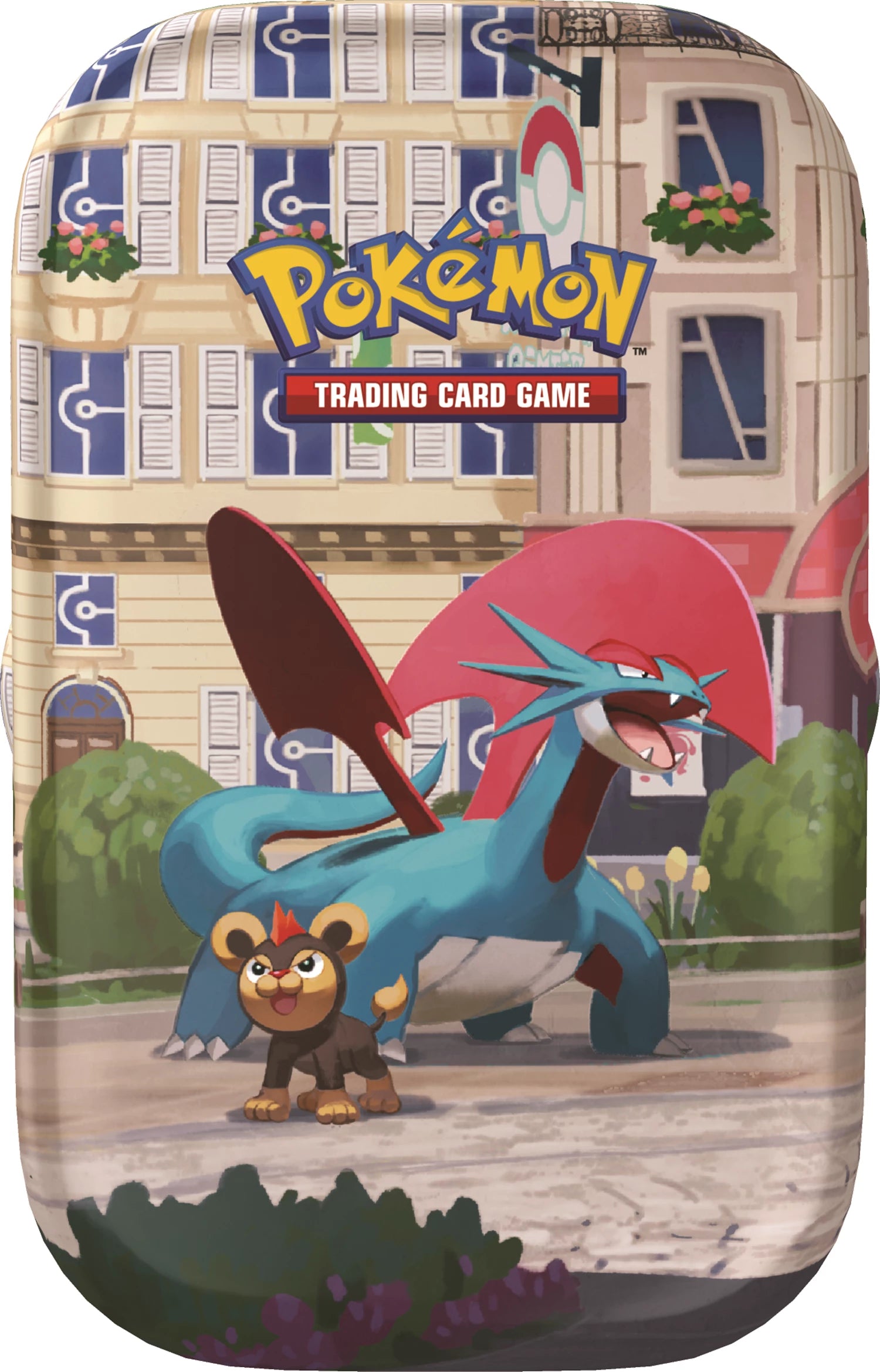 Pokémon Mini-Tin mit rotem Drachen-Pokémon und kleinem Eichhörnchen-Pokémon vorne