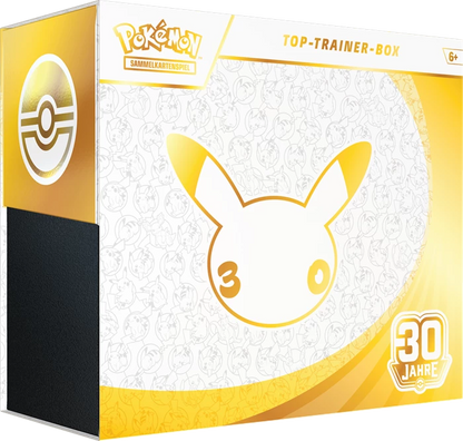 Pokémon Elite Trainer Box mit Pikachu, „30 Jahre“-Badge und „Top-Trainer-Box“