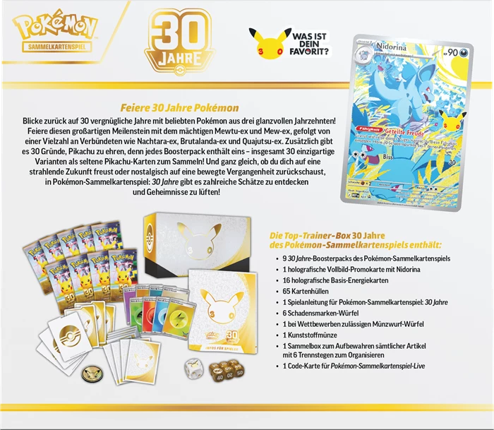 Pokémon Elite Trainer Box, Rückseite mit Inhaltsabbildung und „30 Jahre“-Logo