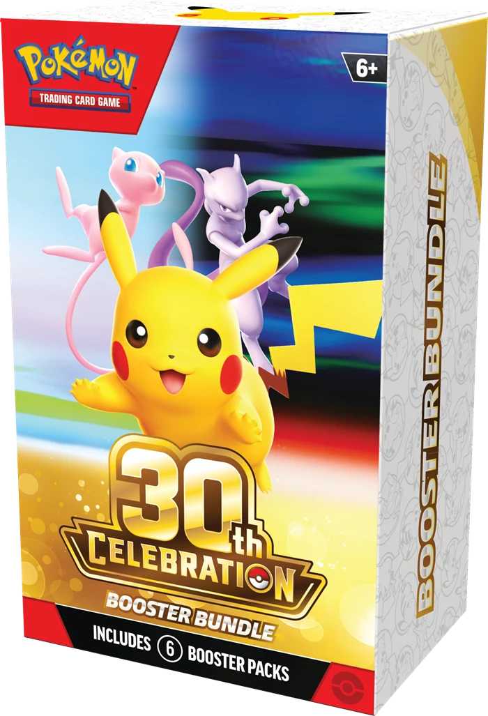 Pokémon Booster-Bundle 30th Celebration, Vorderseite mit Pikachu und zwei Pokémon, 6 Packs