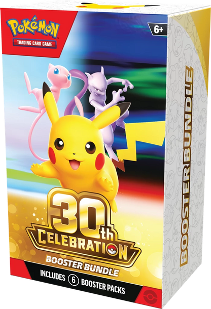 Pokémon Booster-Bundle 30th Celebration, Vorderseite mit Pikachu und zwei Pokémon, 6 Packs