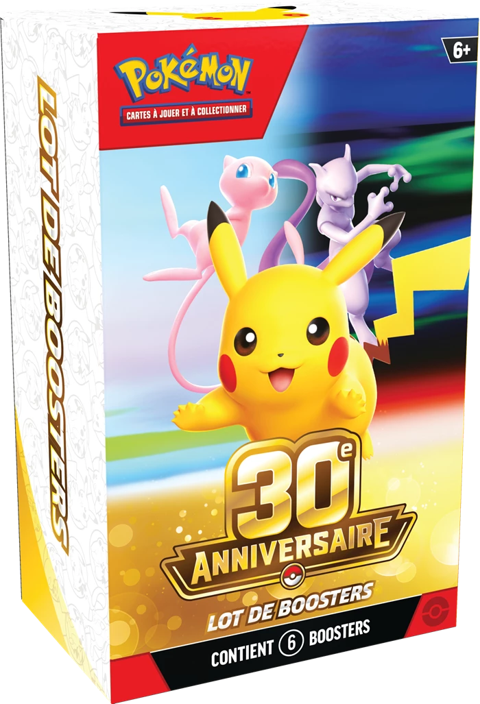 Pokémon 30th Jubiläums-Booster-Bundle: Frontansicht mit Pikachu und „6 Booster“