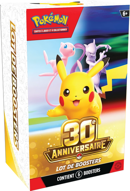 Pokémon 30th Jubiläums-Booster-Bundle: Frontansicht mit Pikachu und „6 Booster“
