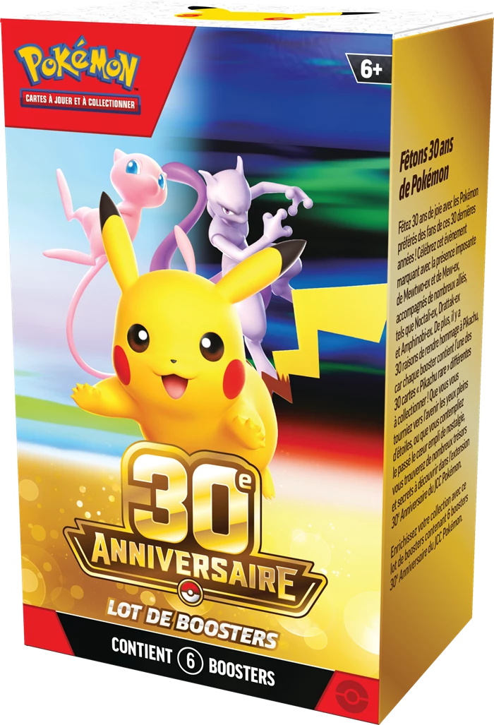 Pokémon 30th Jubiläums-Booster-Bundle: Front mit Pokémon-Figuren und „6 Booster“