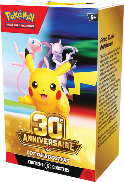 Pokémon 30th Jubiläums-Booster-Bundle: Front mit Pokémon-Figuren und „6 Booster“
