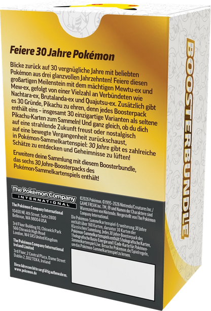 Pokémon 30-Jahre Booster-Bundle, Packungsrückseite mit Inhaltsangaben