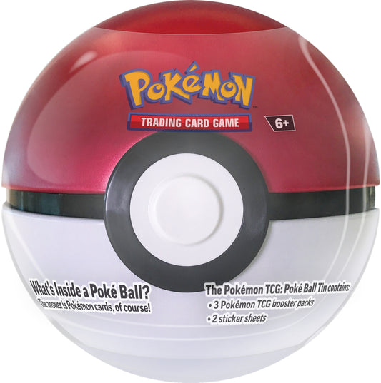 Poké Ball-Dose mit rotem Oberteil und schwarzem Mittelring, weißer Innenkreis, Pokémon TCG