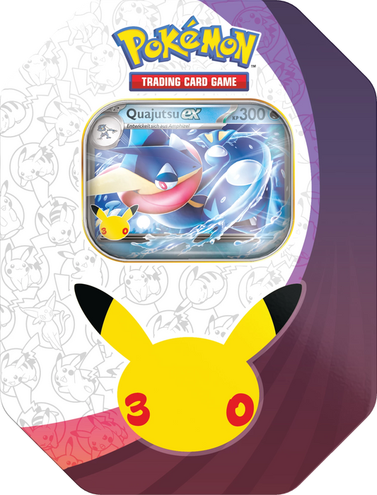 Pokemon-Dose Trading Card Game mit QuajutsuEX-Illustration und Pikachu-Motiv
