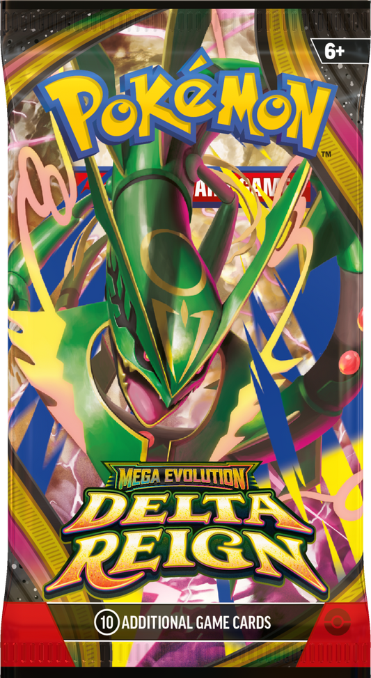 Booster-Display „Delta Reign“ mit grünem Pokémon-Motiv und kräftigen bunten Schriftzügen
