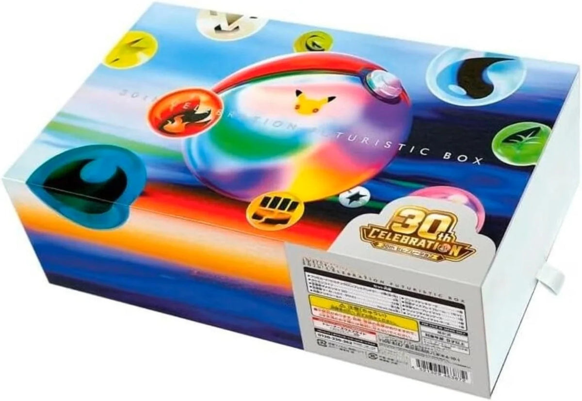 Pokémon 30th Celebration Futuristic Box, bunte Sammlerbox mit Logo und japanischem Etikett